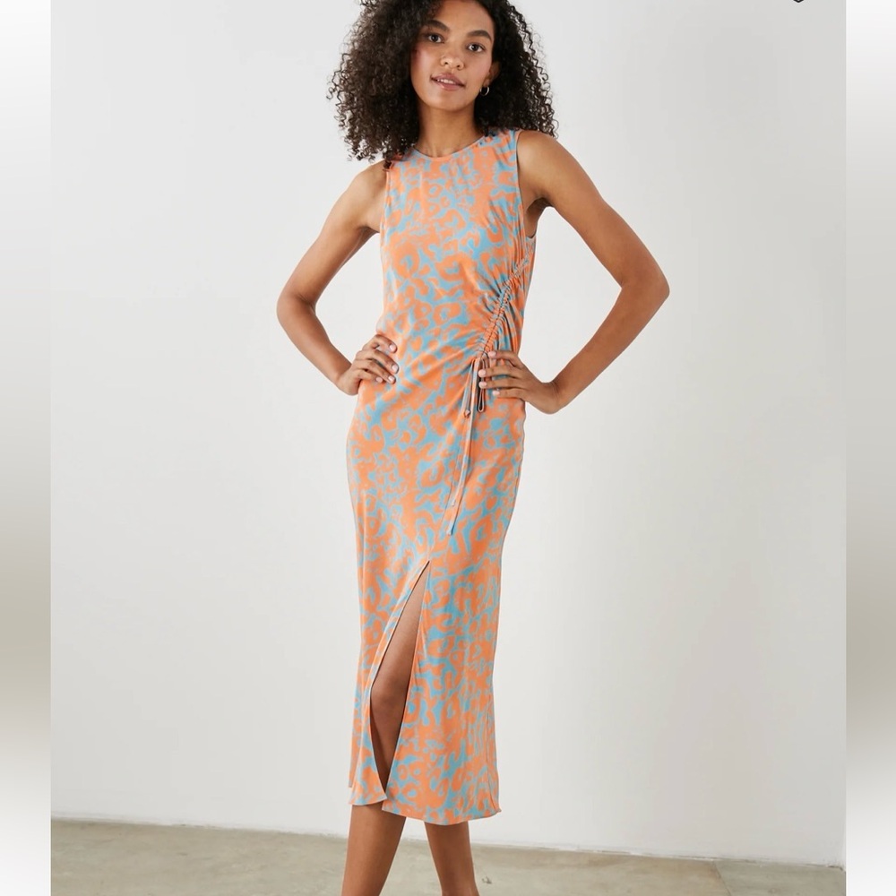 XS Rails Gabriela Orange/Light Blue Cheetah Sleeveless Midi Dress. Orig. $268
